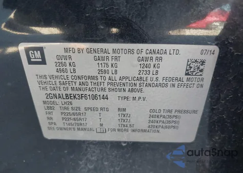 2015 Chevrolet Equinox 1Lt z USA, uszkodzony, nr VIN 2GNALBEK3F6106144